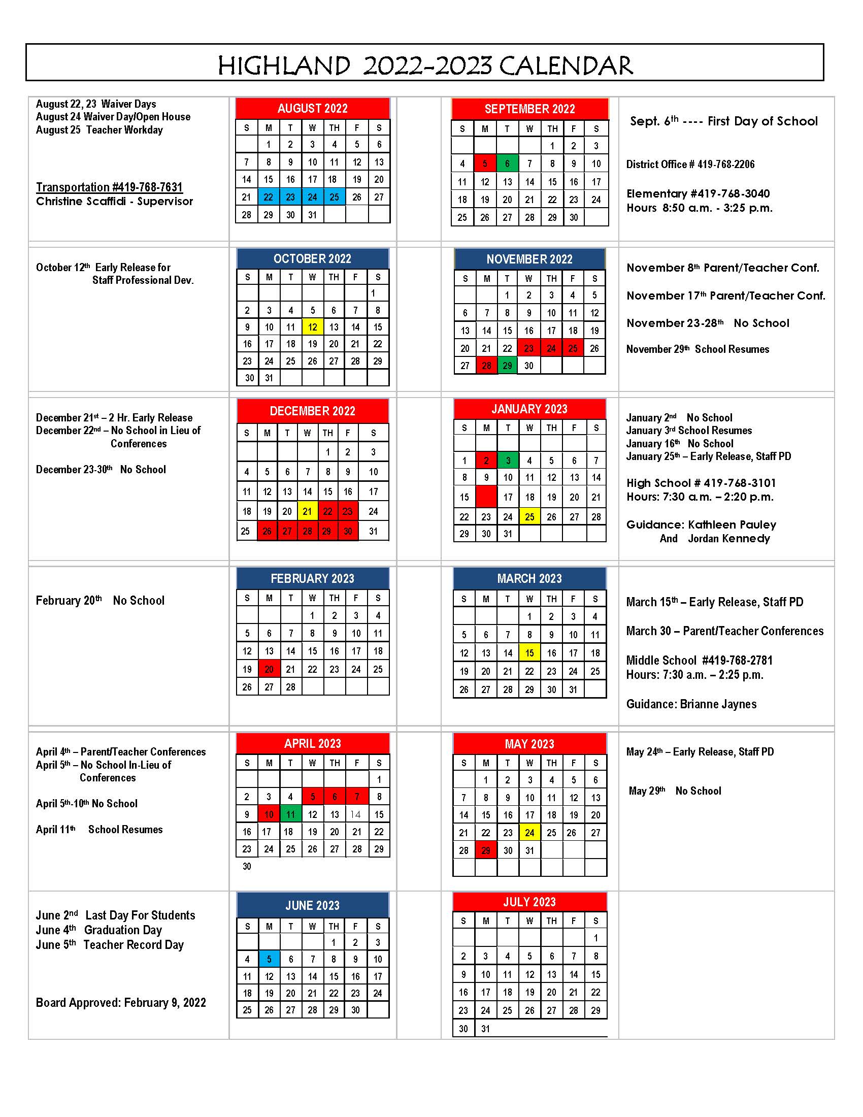 Calendar Highland Local Schools